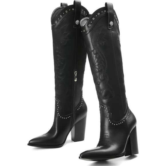 Women 2 Black Embroidered Pointed Toe Knee High Western Chunky Heels Boots - Picture 7 of 7
